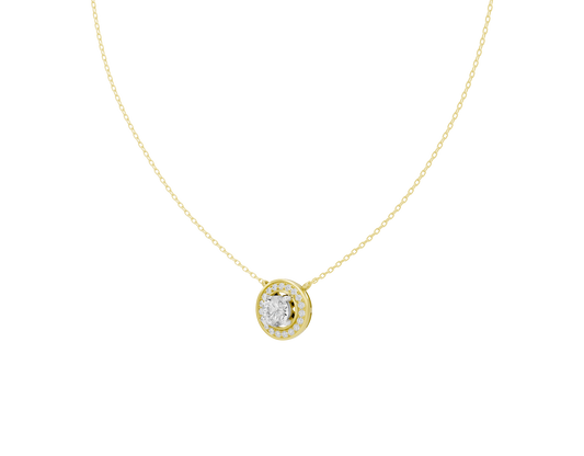 Round lab diamond halo pendant on yellow gold chain