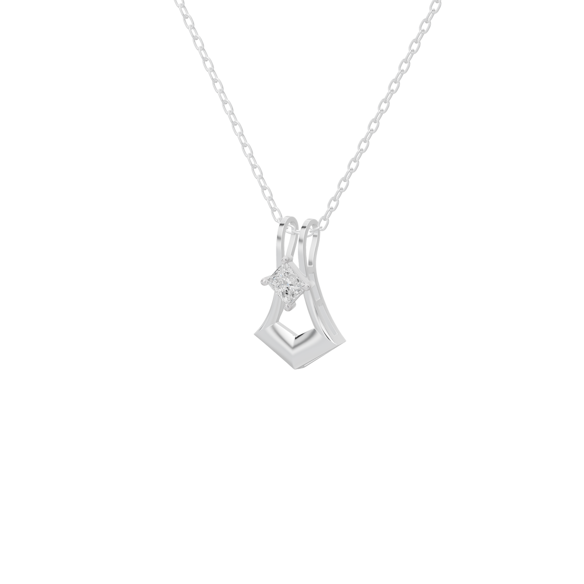 Sterling silver lab diamond pendant necklace, close-up of faceted charm