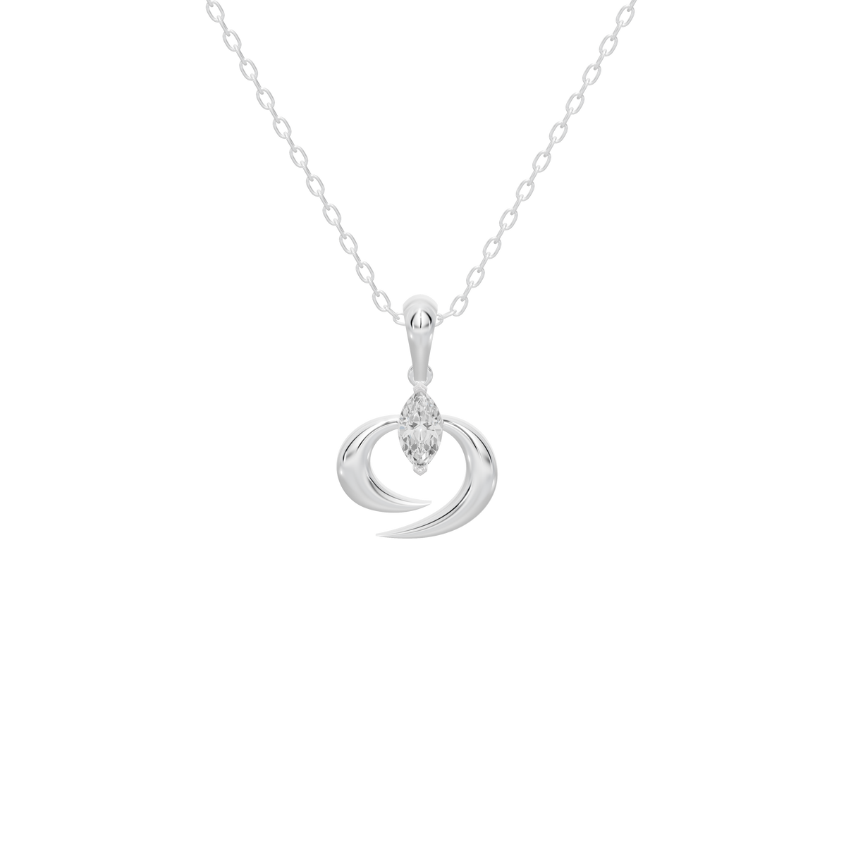 Silver chain necklace with lab diamond crescent swirl pendant centerpiece