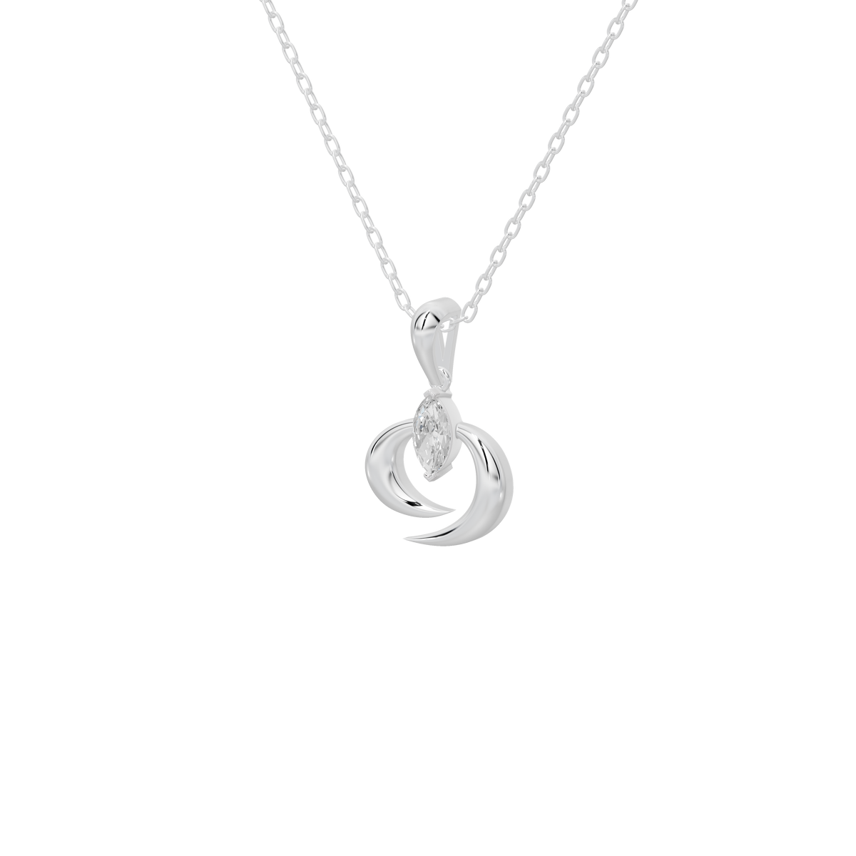 Silver chain necklace with lab diamond crescent swirl pendant, close-up