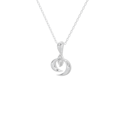 Silver chain necklace with lab diamond crescent swirl pendant, close-up
