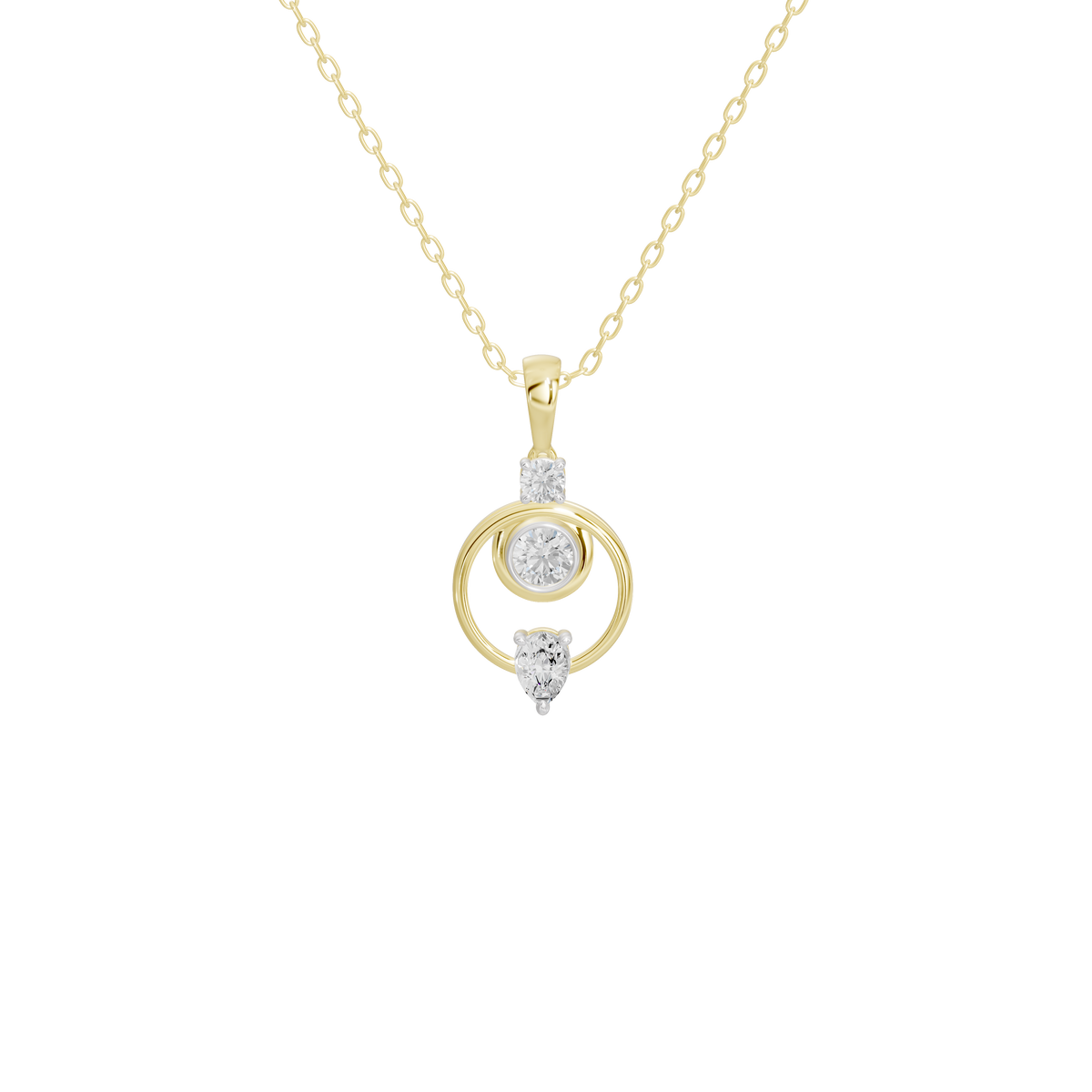 Yellow gold vermeil diamond pendant necklace with round halo center and dangling teardrop