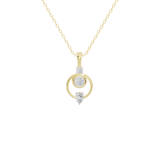 Yellow gold vermeil diamond pendant necklace with round halo center and dangling teardrop