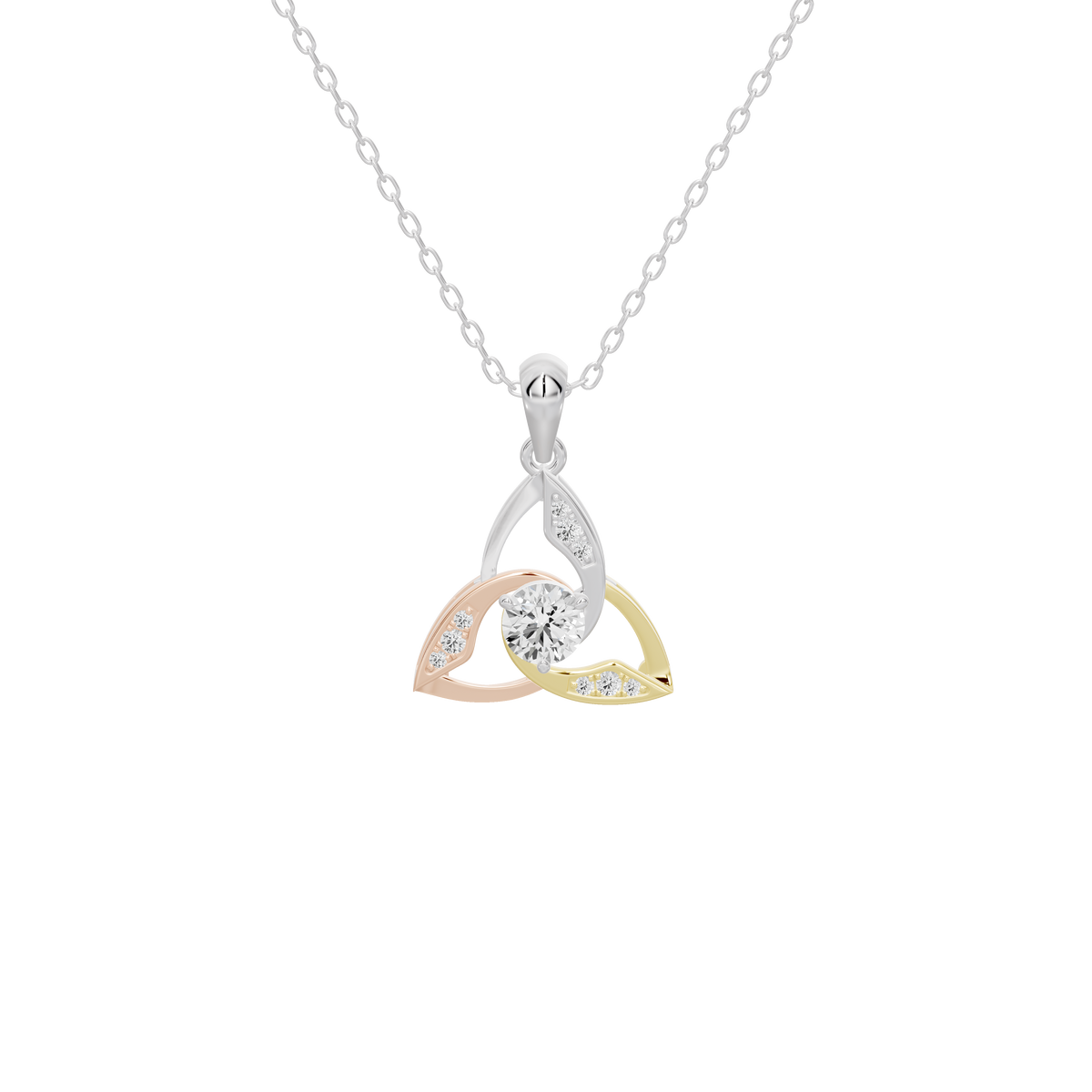 Silver diamond pendant with round center stone and triangular multicolor metal accents