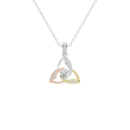 Silver diamond pendant with round center stone and triangular multicolor metal accents