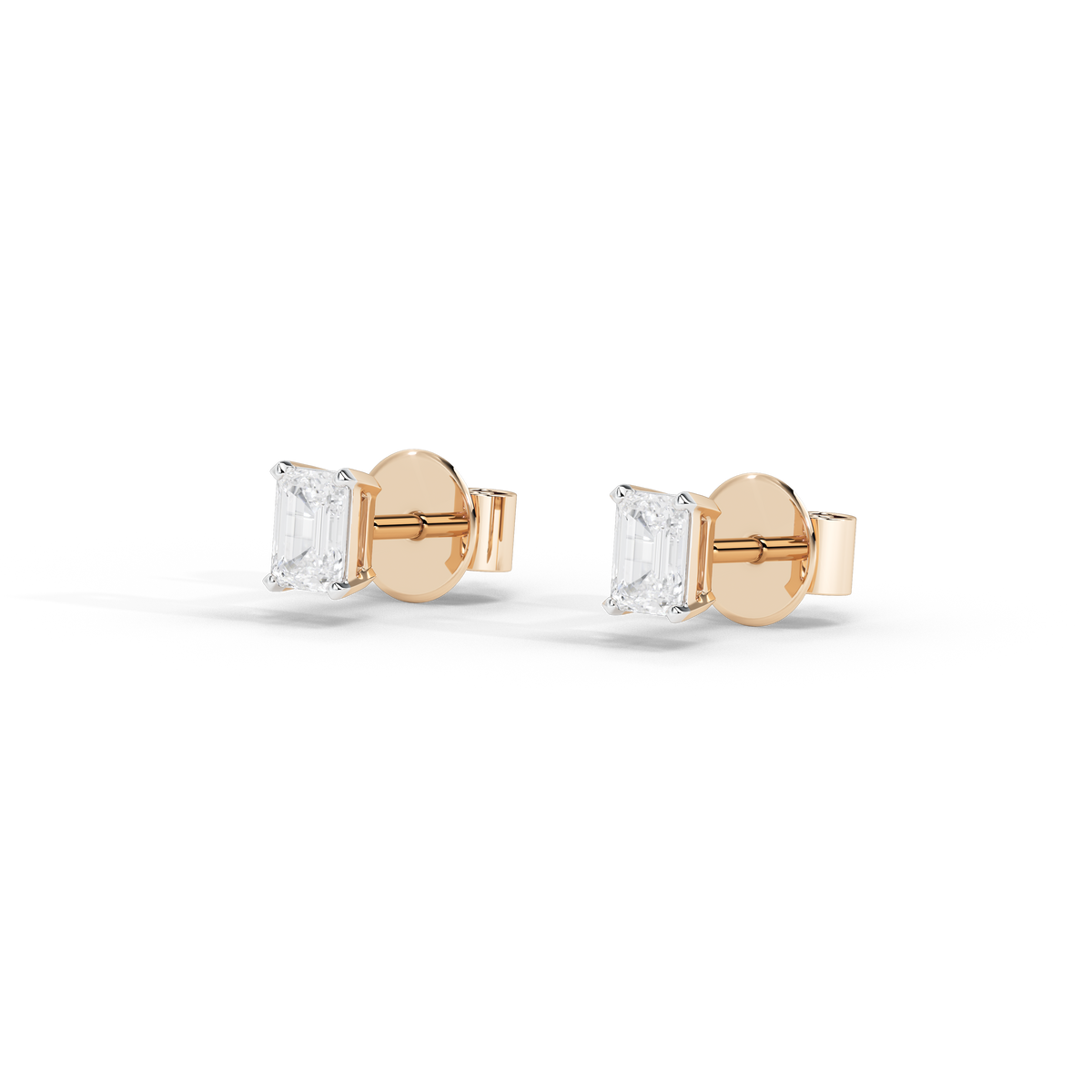 Back view of square lab diamond solitaire stud earrings, rose gold vermeil