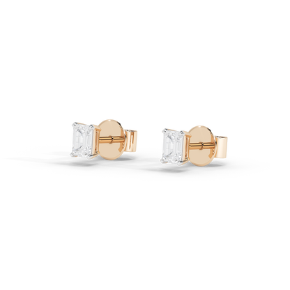 Back view of square lab diamond solitaire stud earrings, rose gold vermeil