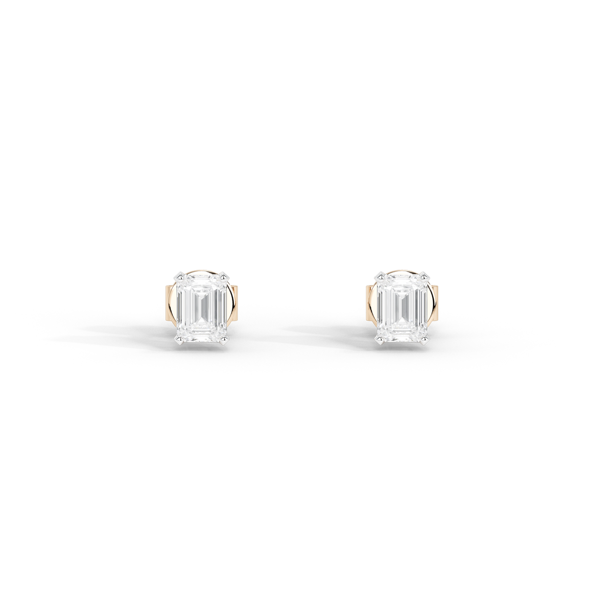 Square-cut lab diamond stud earrings with bezel setting on rose gold posts