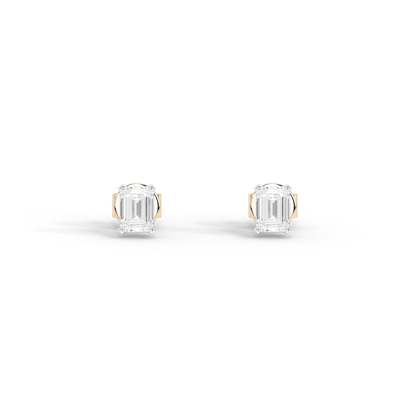 Square-cut lab diamond stud earrings with bezel setting on rose gold posts
