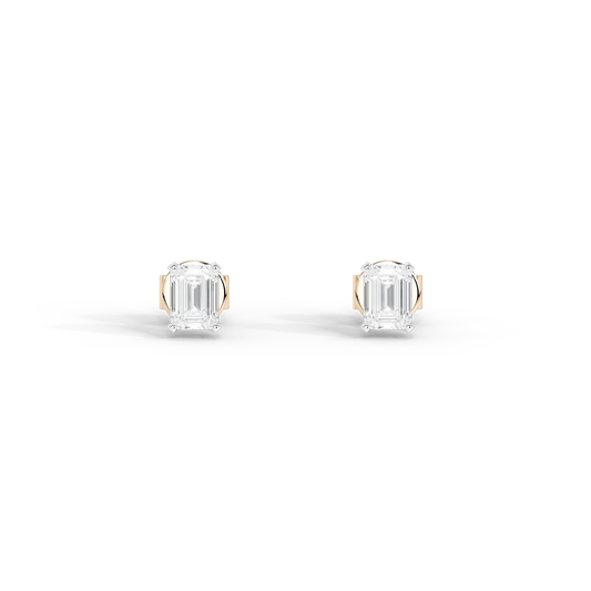 Square-cut lab diamond stud earrings with bezel setting on rose gold posts