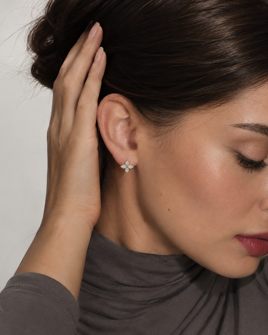 Yellow gold vermeil lab diamond flower stud earrings on model’s ear