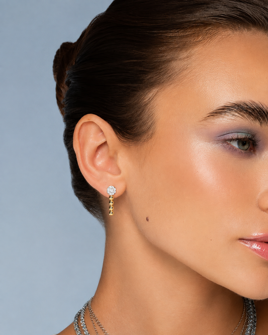 Round lab diamond earrings with yellow gold vermeil bead drop detail