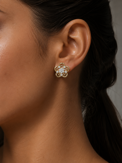 Petal flower lab diamond stud earrings in yellow gold vermeil