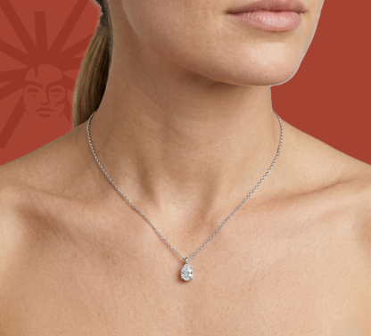 Model wearing 925 sterling silver lab diamond pear pendant necklace on collarbone