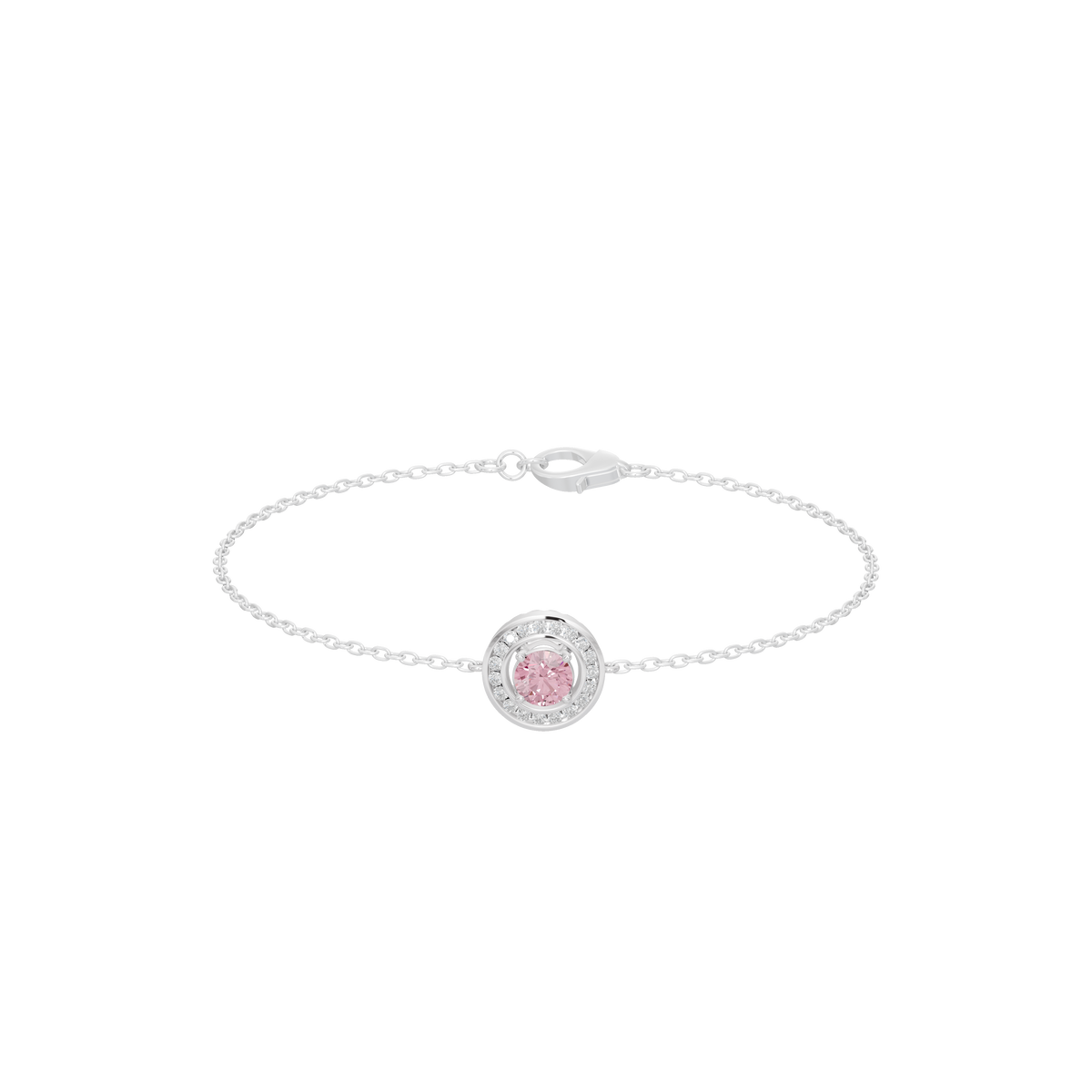 Sterling silver tennis bracelet with round lab diamond centerpiece and pink halo