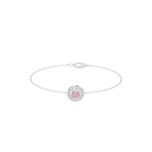 Sterling silver tennis bracelet with round lab diamond centerpiece and pink halo