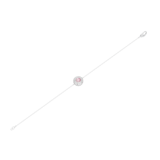Sterling silver tennis bracelet with round pink halo lab diamond center on chain