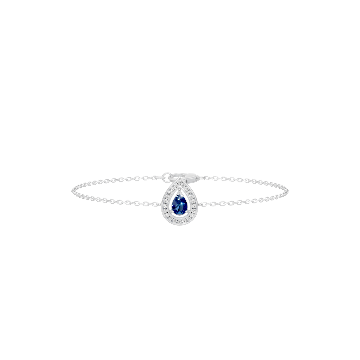 Sterling silver bracelet with blue oval center gemstone and circular halo