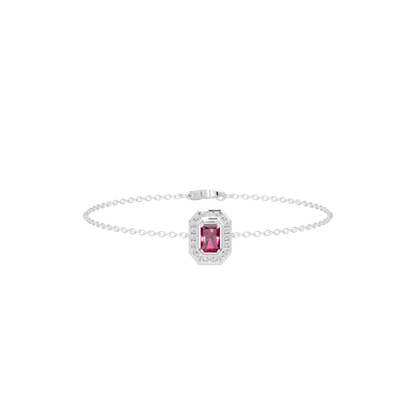 925 sterling silver diamond bracelet with pink square center stone and halo