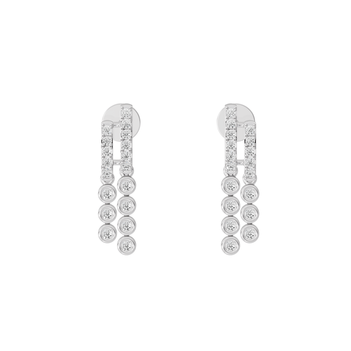 Silver lab diamond hoop earrings with cascading round stones, front view
