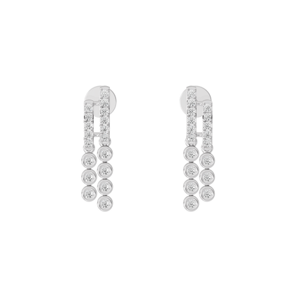 Silver lab diamond hoop earrings with cascading round stones, front view