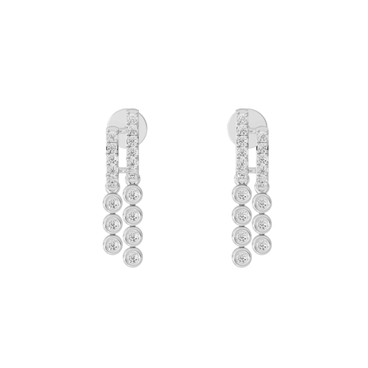 Silver lab diamond hoop earrings with cascading round stones, front view