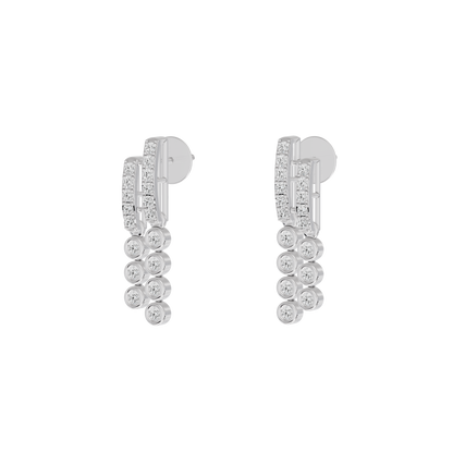 Silver lab diamond hoop earrings with tiered round stones, angled view