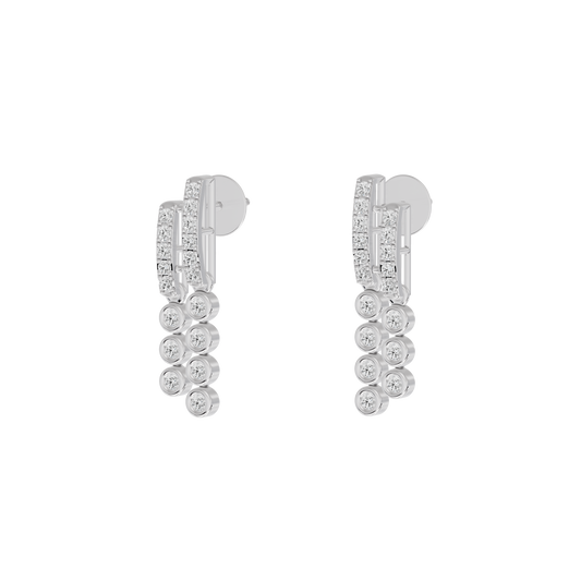 Silver lab diamond hoop earrings with tiered round stones, angled view