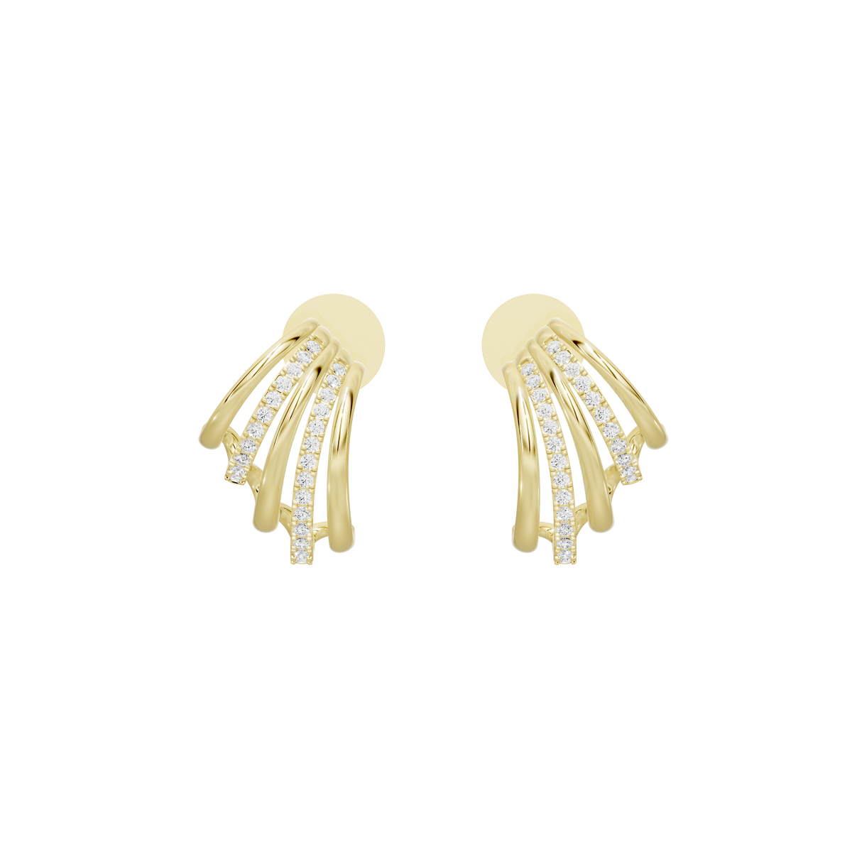 Yellow gold vermeil hoop earrings with layered lab diamond rows, close-up