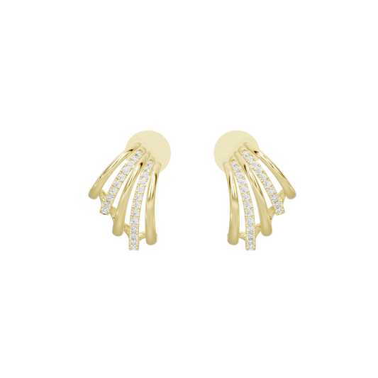 Yellow gold vermeil hoop earrings with layered lab diamond rows, close-up