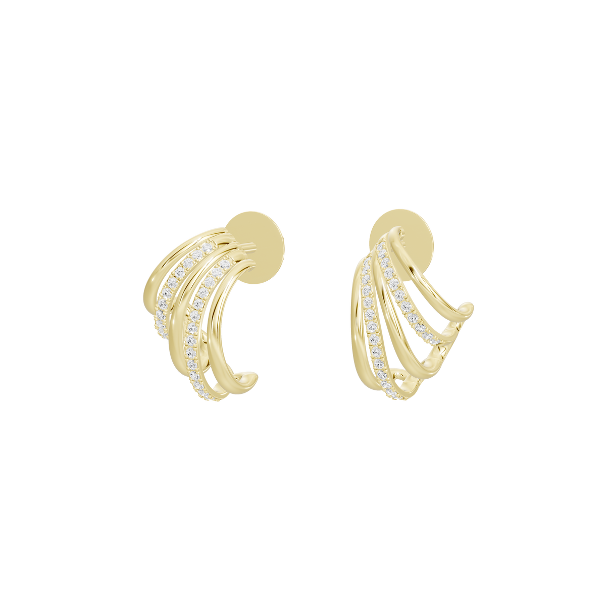 Yellow gold vermeil hoop earrings with layered lab diamond accents, front view