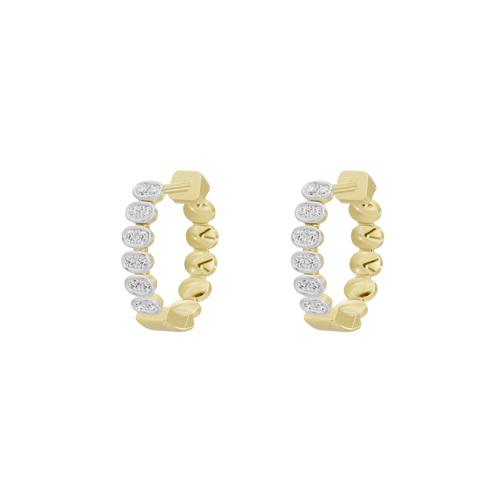 Yellow gold vermeil lab diamond hoop earrings, side view with round stones