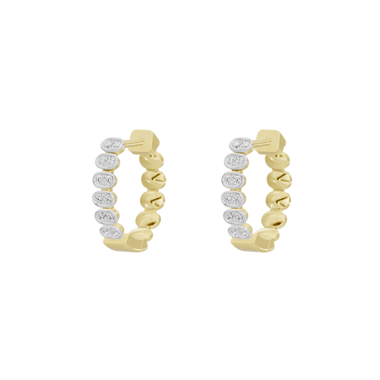 Yellow gold vermeil lab diamond hoop earrings, side view with round stones