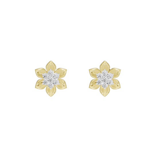 Flower-shaped lab diamond stud earrings in yellow gold vermeil, round center stone