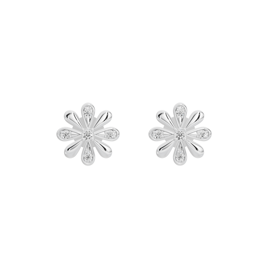 Two floral stud earrings with sparkling lab-grown diamond accents, silver finish