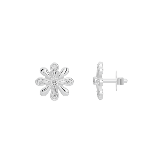 Silver floral stud earrings with lab-grown diamond accents, back view