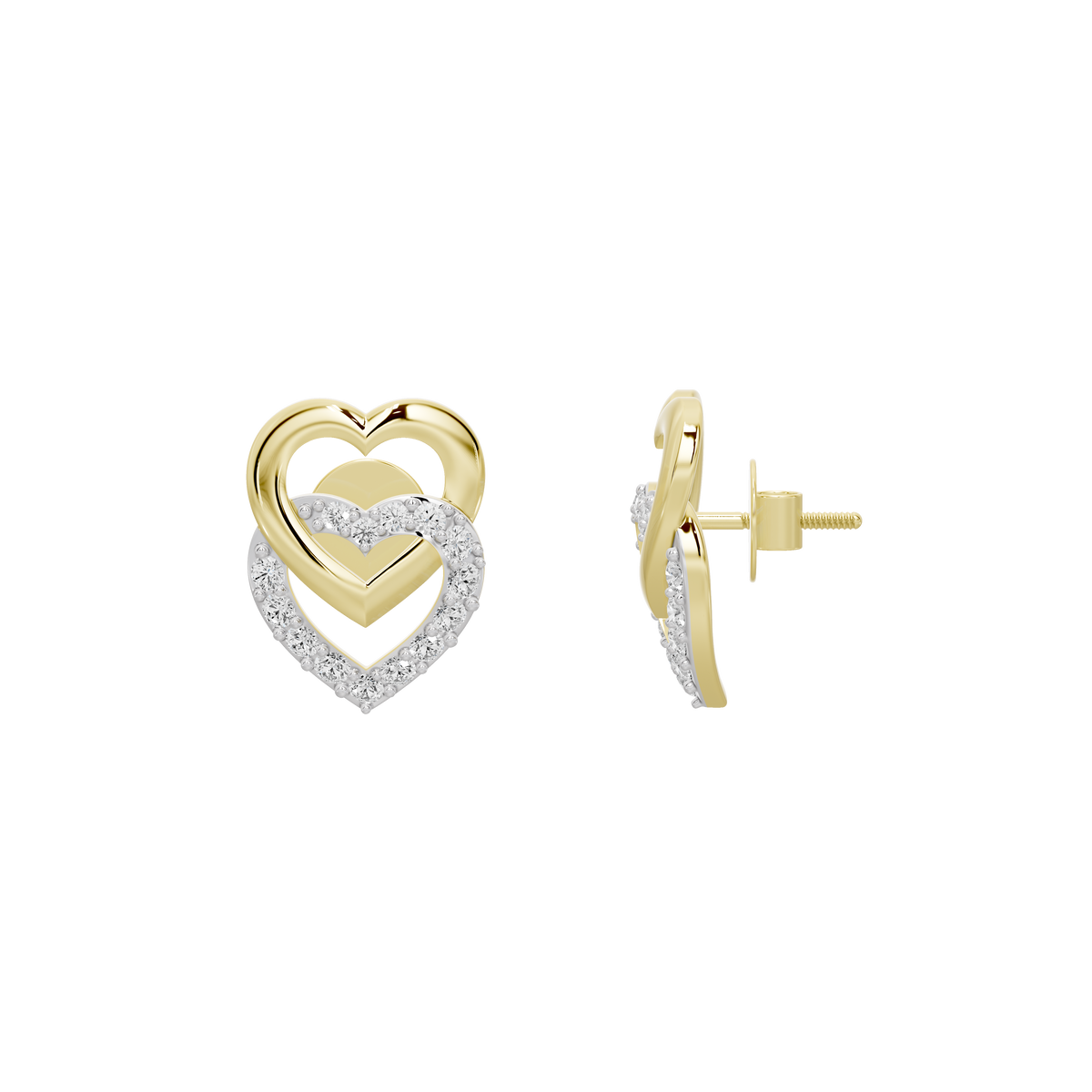Heart stud earrings in yellow gold vermeil with diamond pavé accents
