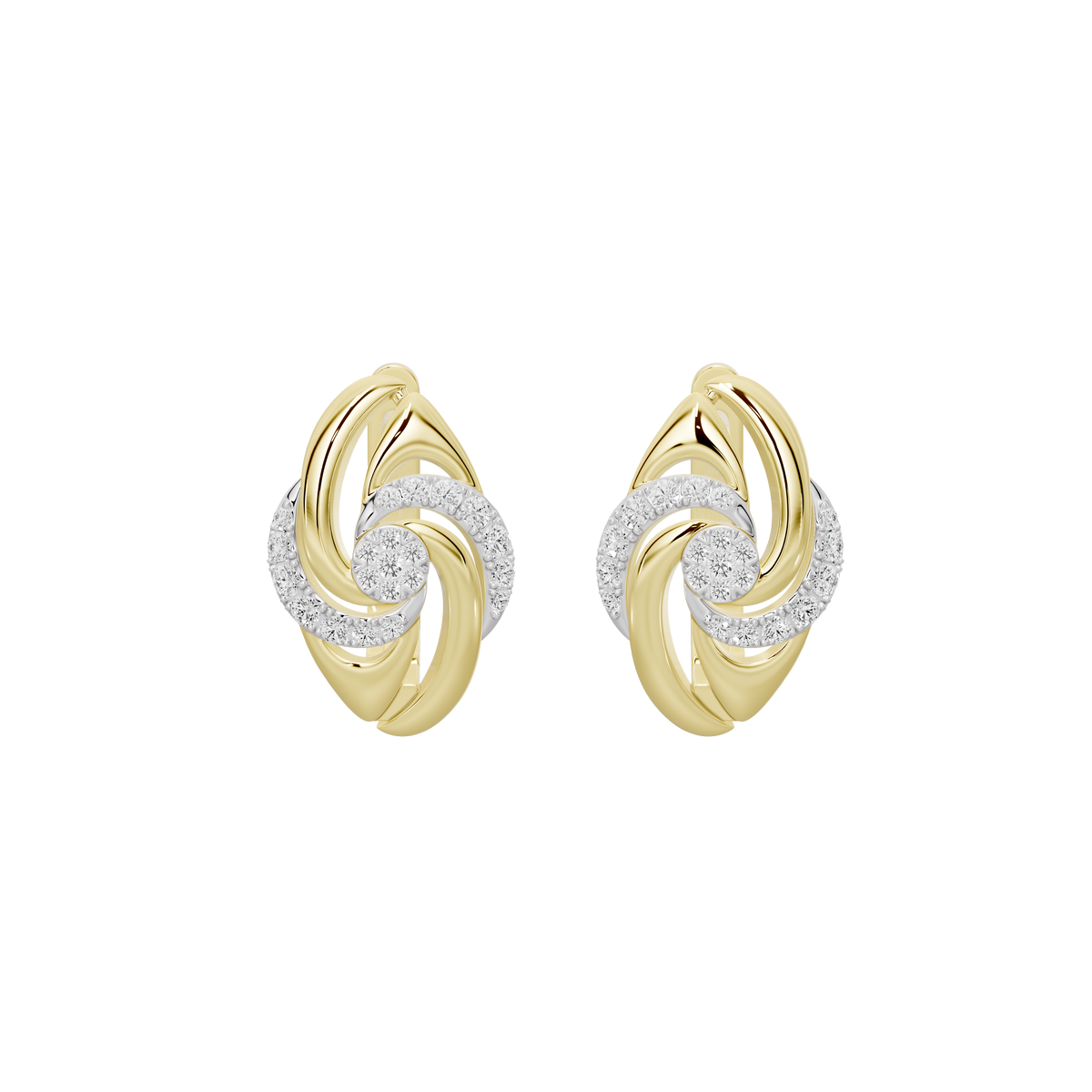 Yellow gold vermeil lab diamond swirl hoop earrings, front view with sparkle