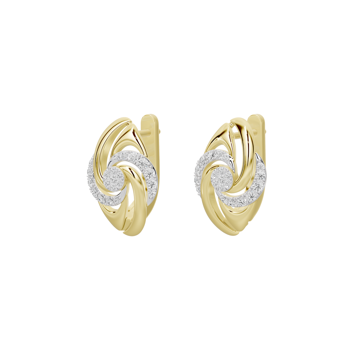 Yellow gold vermeil lab diamond swirl hoop earrings, angled side view