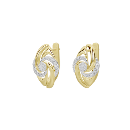 Yellow gold vermeil lab diamond swirl hoop earrings, angled side view