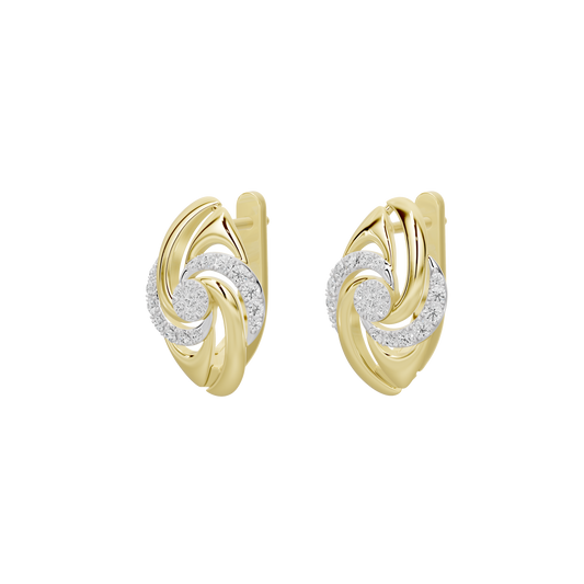 Yellow gold vermeil lab diamond swirl hoop earrings, angled side view