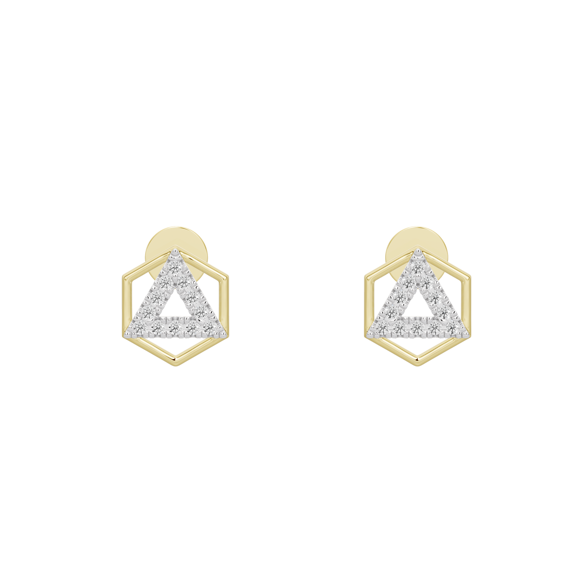 Yellow gold vermeil lab diamond stud earrings, triangular sparkle center stone