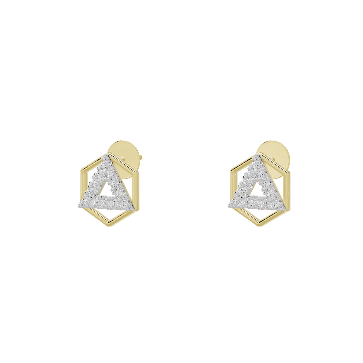 Yellow gold vermeil lab diamond stud earrings, triangular geometric bezel setting