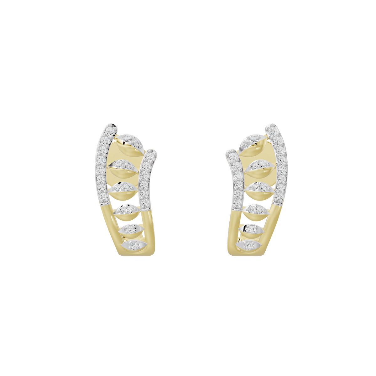 Pair of yellow gold vermeil diamond half-hoop earrings with bezel-set stones along band.