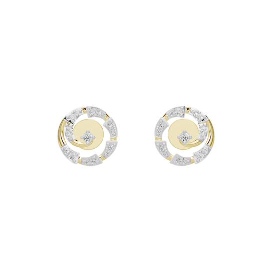 Round halo diamond stud earrings with yellow gold vermeil rings and silver prong settings