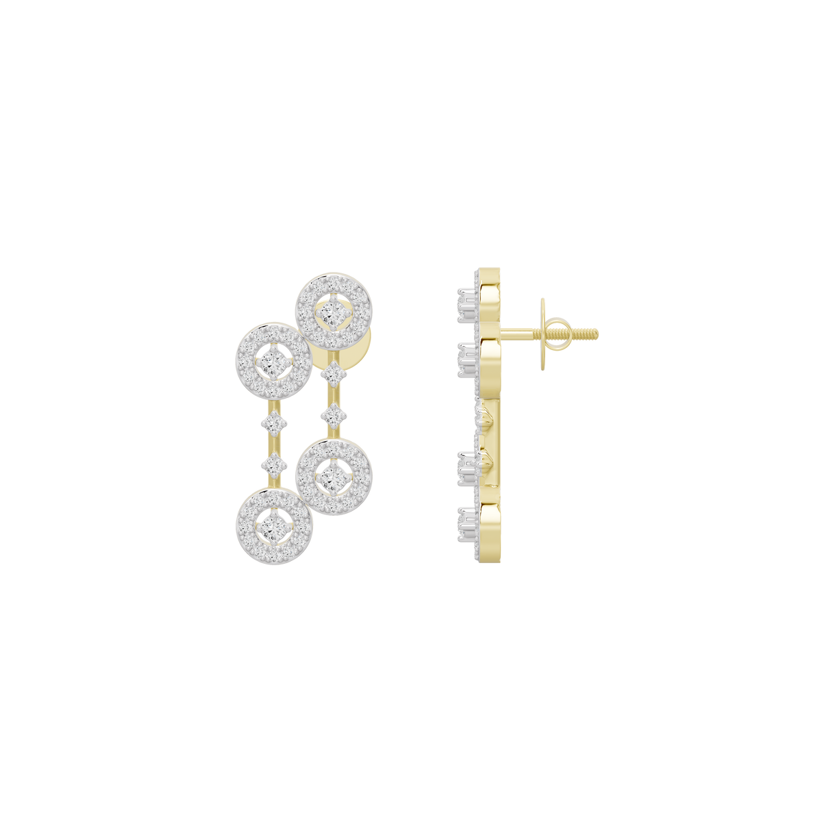 Yellow gold vermeil lab diamond drop earrings, side view with stud and dangling circles