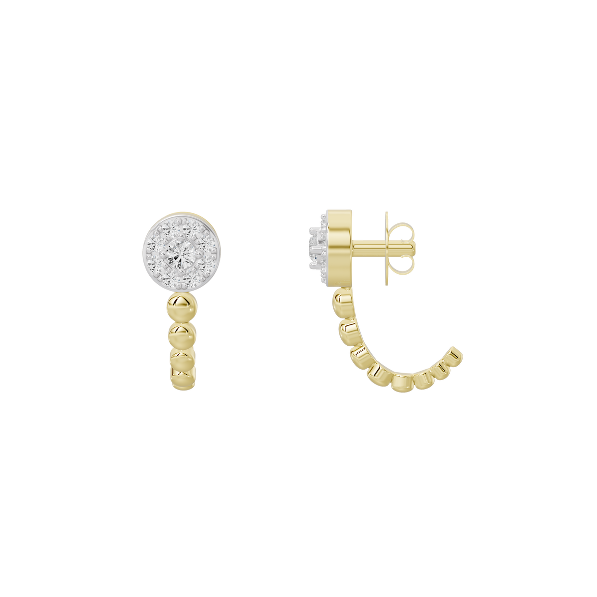 Lab diamond earrings with round crystal top and curved yellow gold vermeil link drops