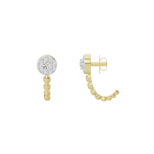 Lab diamond earrings with round crystal top and curved yellow gold vermeil link drops