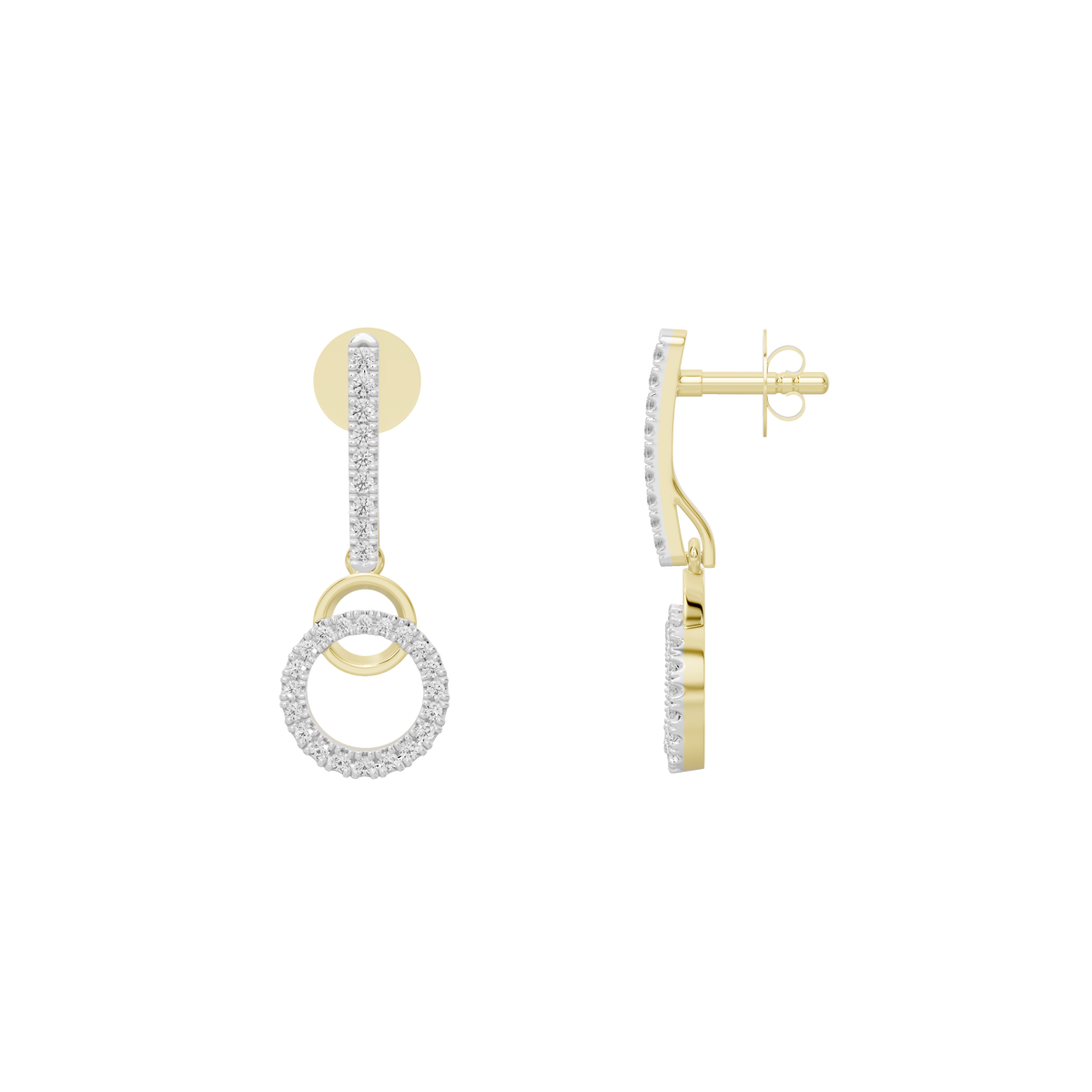 Layered lab diamond hoop earrings with open circle drop, yellow gold vermeil stud back