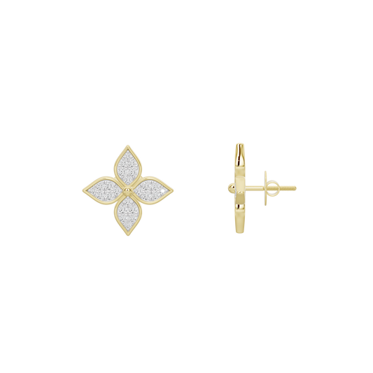 Yellow gold vermeil lab diamond flower stud earrings with post backing, side view
